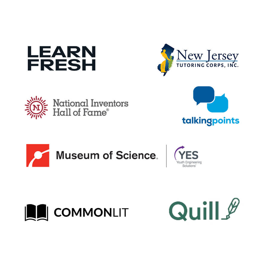 Logos for: Learn Fresh, National Inventors Hall of Fame, Museum of Science, CommonLit, New Jersey Tutoring Corps, TalkingPoints, Quill