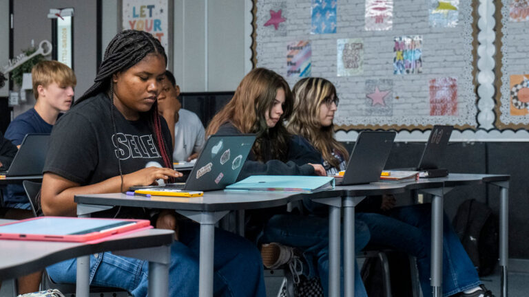Students sit at desks in classroom while using laptops